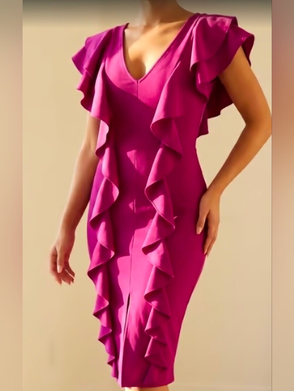 Fashion Nova Fuchsia Ruffle-Trim V-Neck Midi Dress